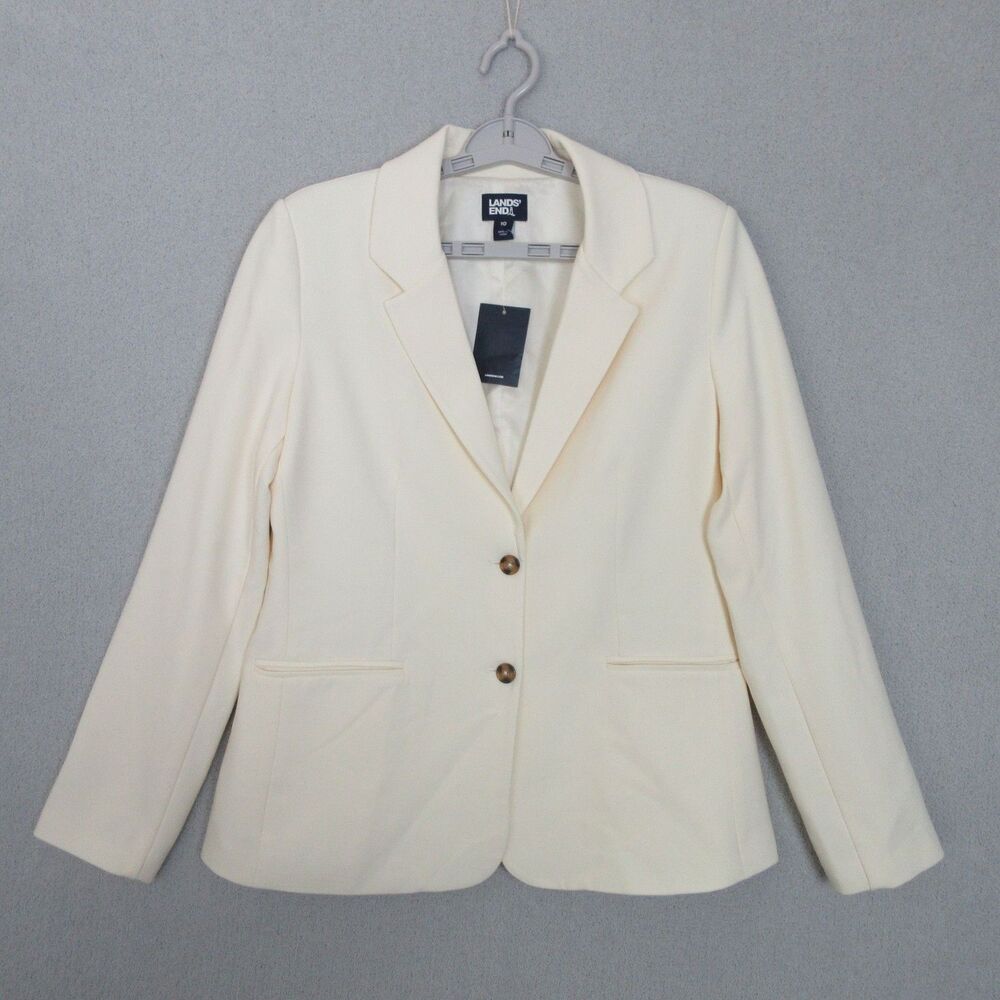 Lands' End Blazer Womens 10 Ivory Two Button Tailored Notched Stretch Jacket‎